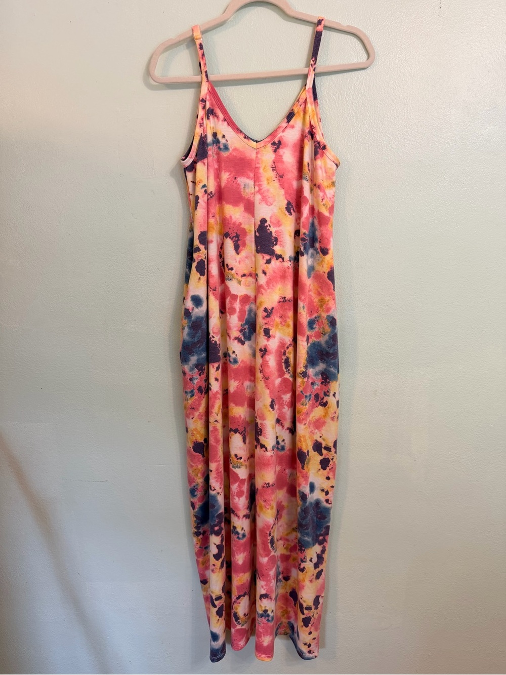Zenana Outfitters Pink Tie-Dye Maxi Dress with Blue & Yellow Accents
